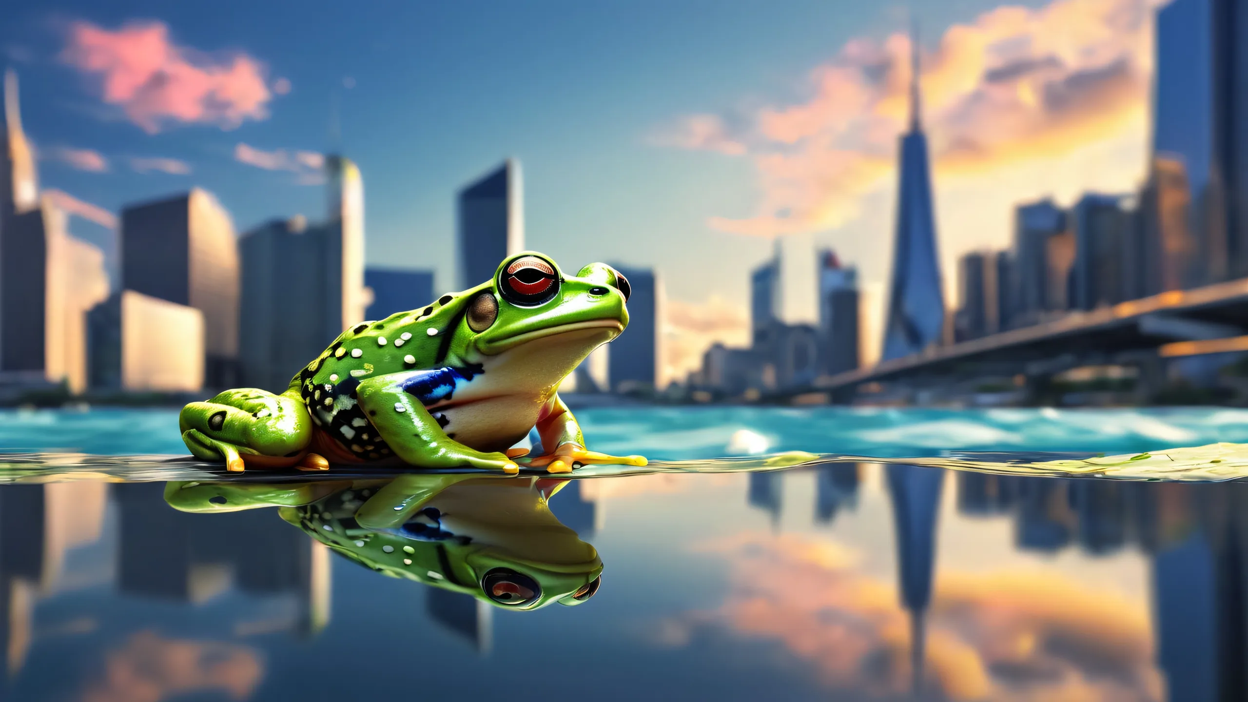 4K Ethereal Frog Cityscape Desktop Background A stunning desktop wallpaper featuring a frog perched on the water's edge, with a modern city skyline reflected in its eyes, set against a cloudy sky and pristine void.