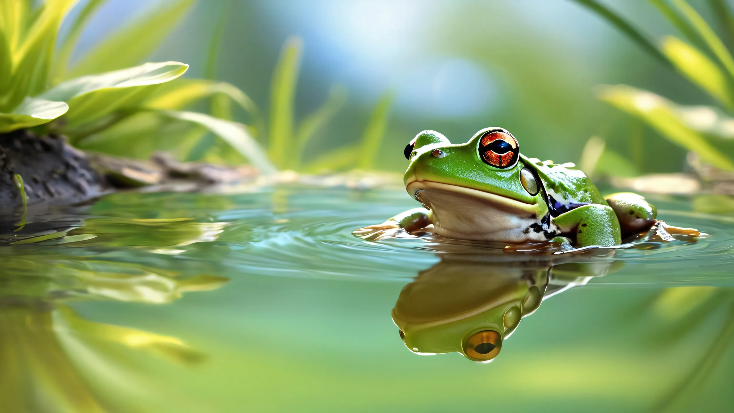 Ultra HD Frog's Ethereal Awakening Wallpaper A frog emerges from a vast, pure void with softly reflected water on the desktop/pc