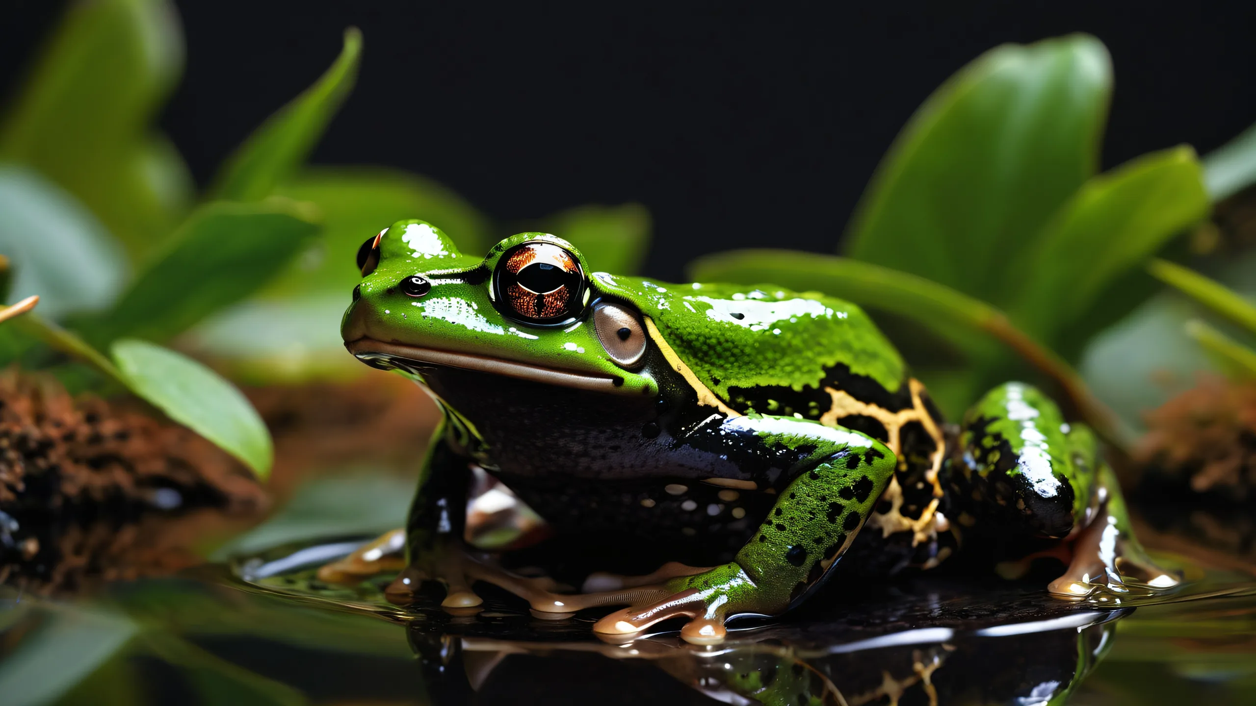 A stunning frog-themed desktop image with a vast pure void and deep depth of field for a clean, minimalist PC or Mac setup.