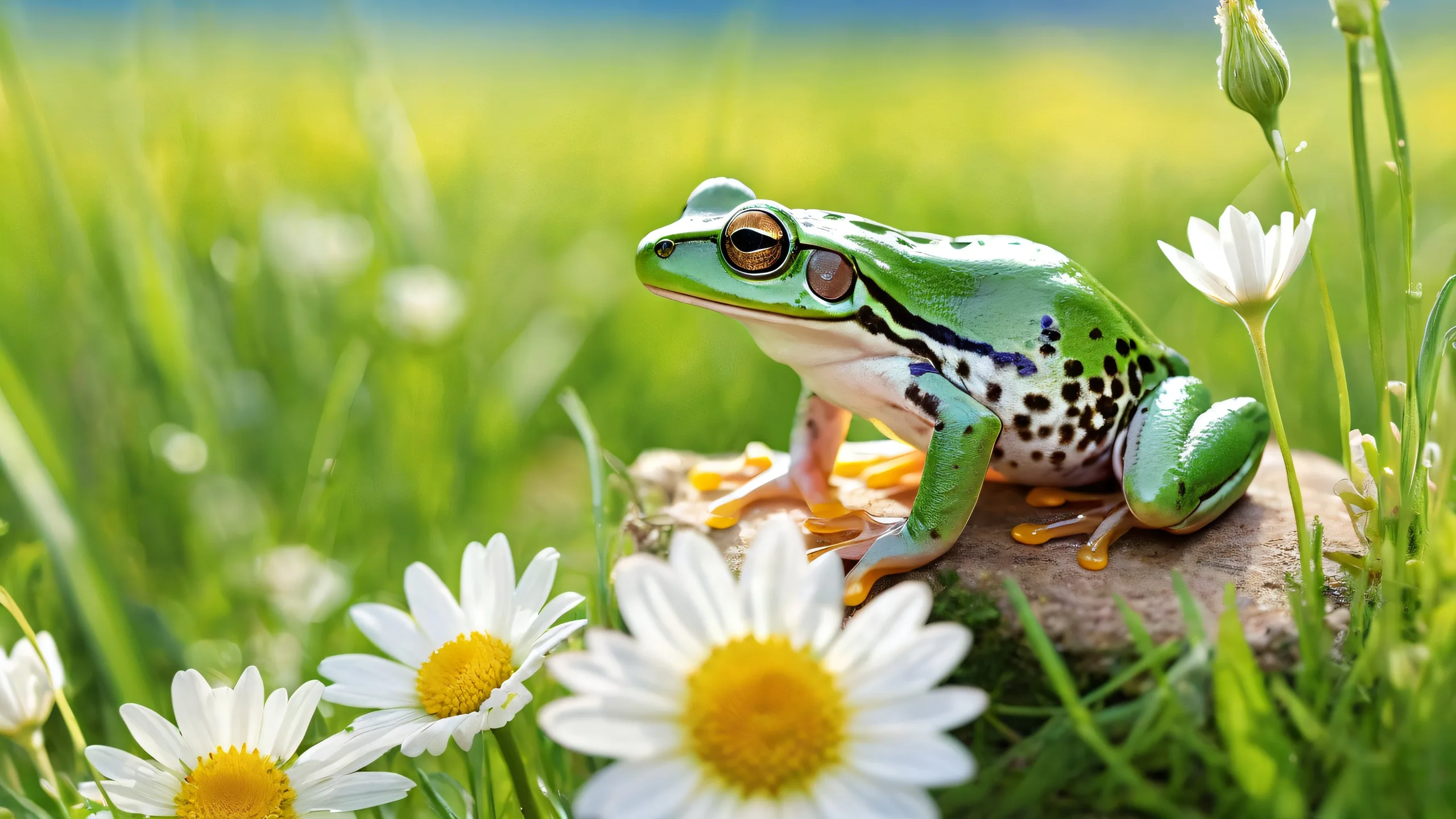 A frog sitting on a mouse in a vast pure void with soft wildflowers and green grass in the background, suitable for desktop/pc.