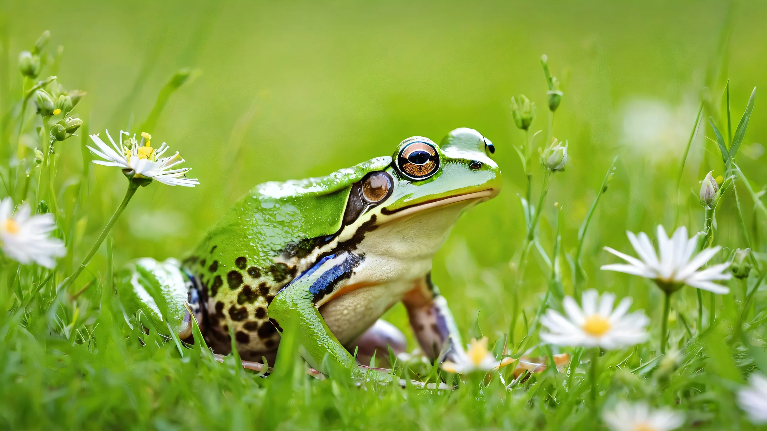 Fondo de pantalla estético para PC Ethereal Frog Meadow Oasisrana rodeada de suaves flores silvestres y hierba verde sobre un fondo puro y vacío. A serene desktop scene featuring a frog surrounded by soft wildflowers and green grass on a pure void background. Suitable for desktop/PC.