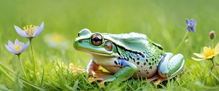 A serene desktop image of a frog sitting on a mouse amidst a meadow with soft wildflowers and green grass, perfect for desktop use on PC or Desktop.