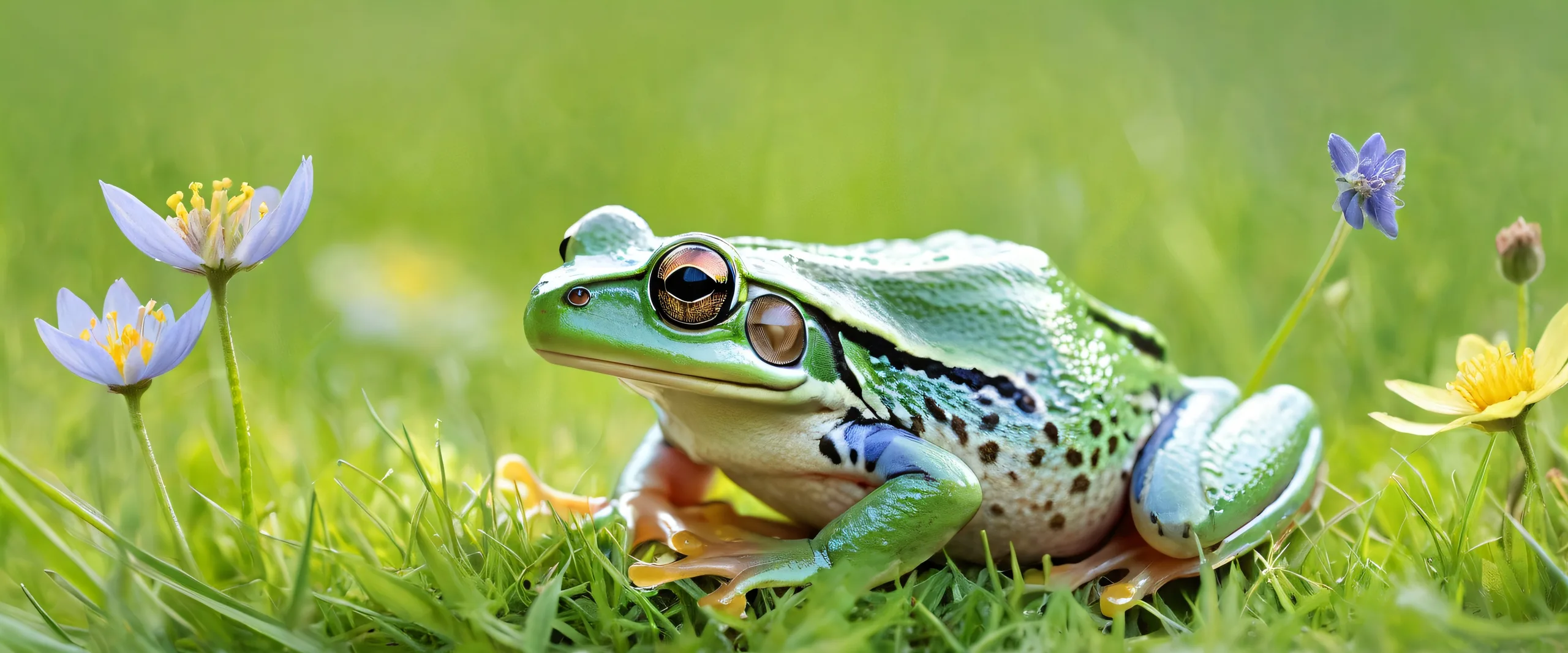 A serene desktop image of a frog sitting on a mouse amidst a meadow with soft wildflowers and green grass, perfect for desktop use on PC or Desktop.
