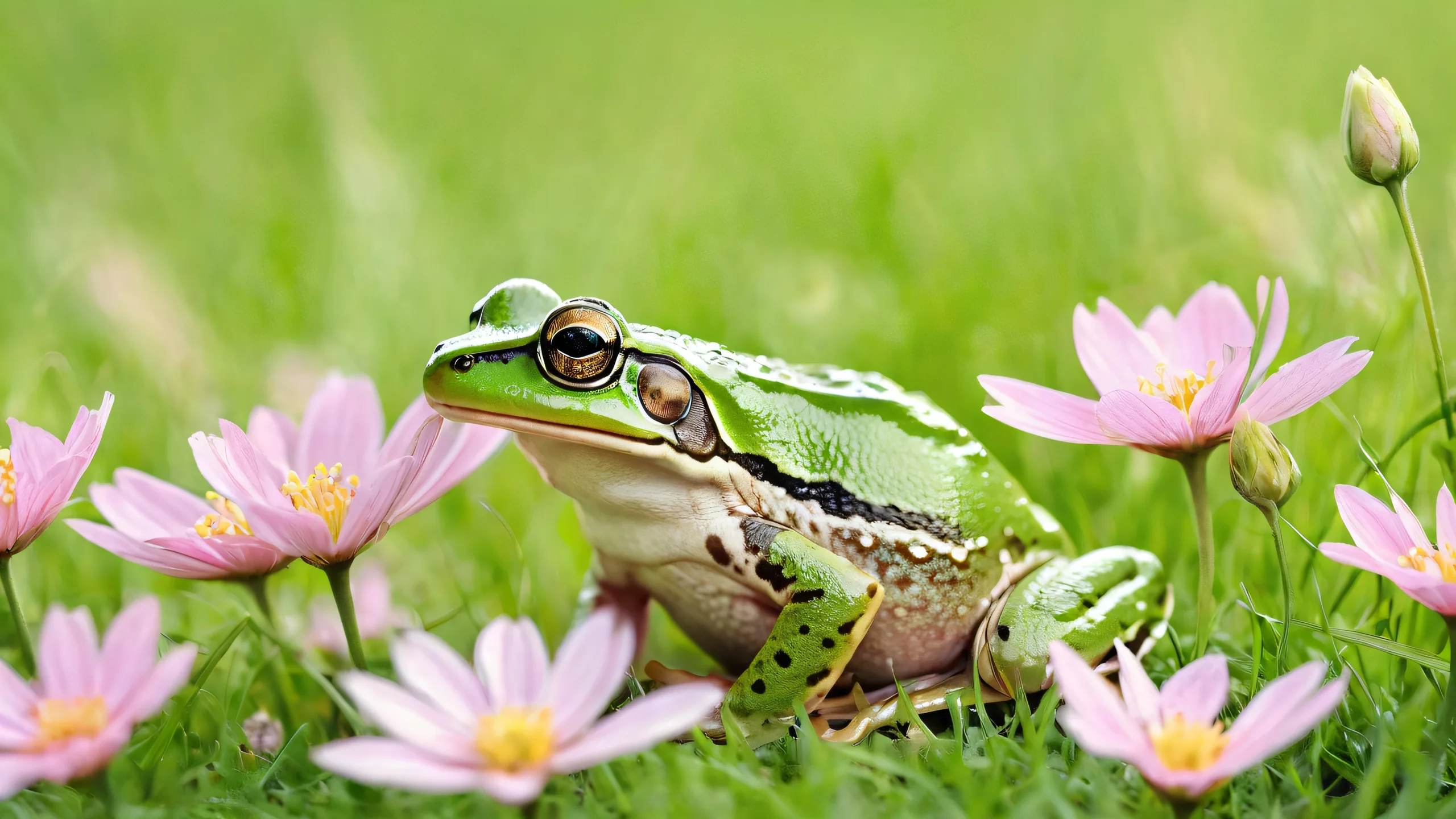 A serene desktop scene featuring a frog in a meadow with soft wildflowers and green grass, perfect for a PC or Desktop background.