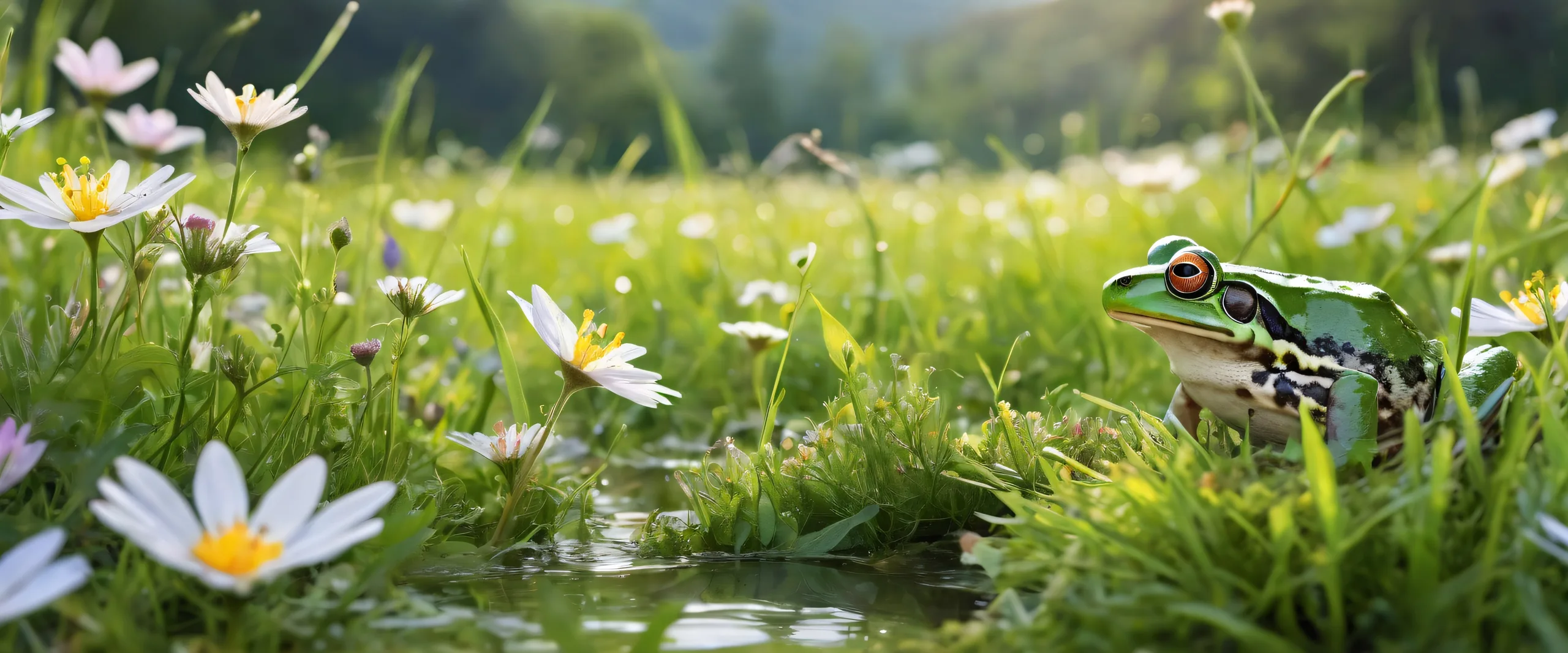 A serene frog scene on a desktop/pc background with soft wildflowers and green grass, perfect for relaxation.