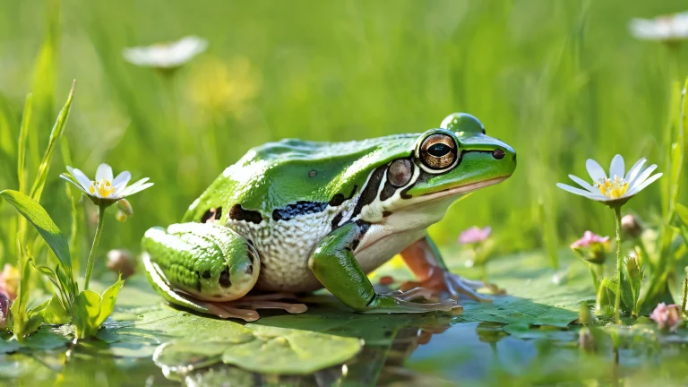 A serene desktop wallpaper featuring a frog on a mouse, set against a vast pure void with meadow background and soft wildflowers, for use on Desktop/PC.