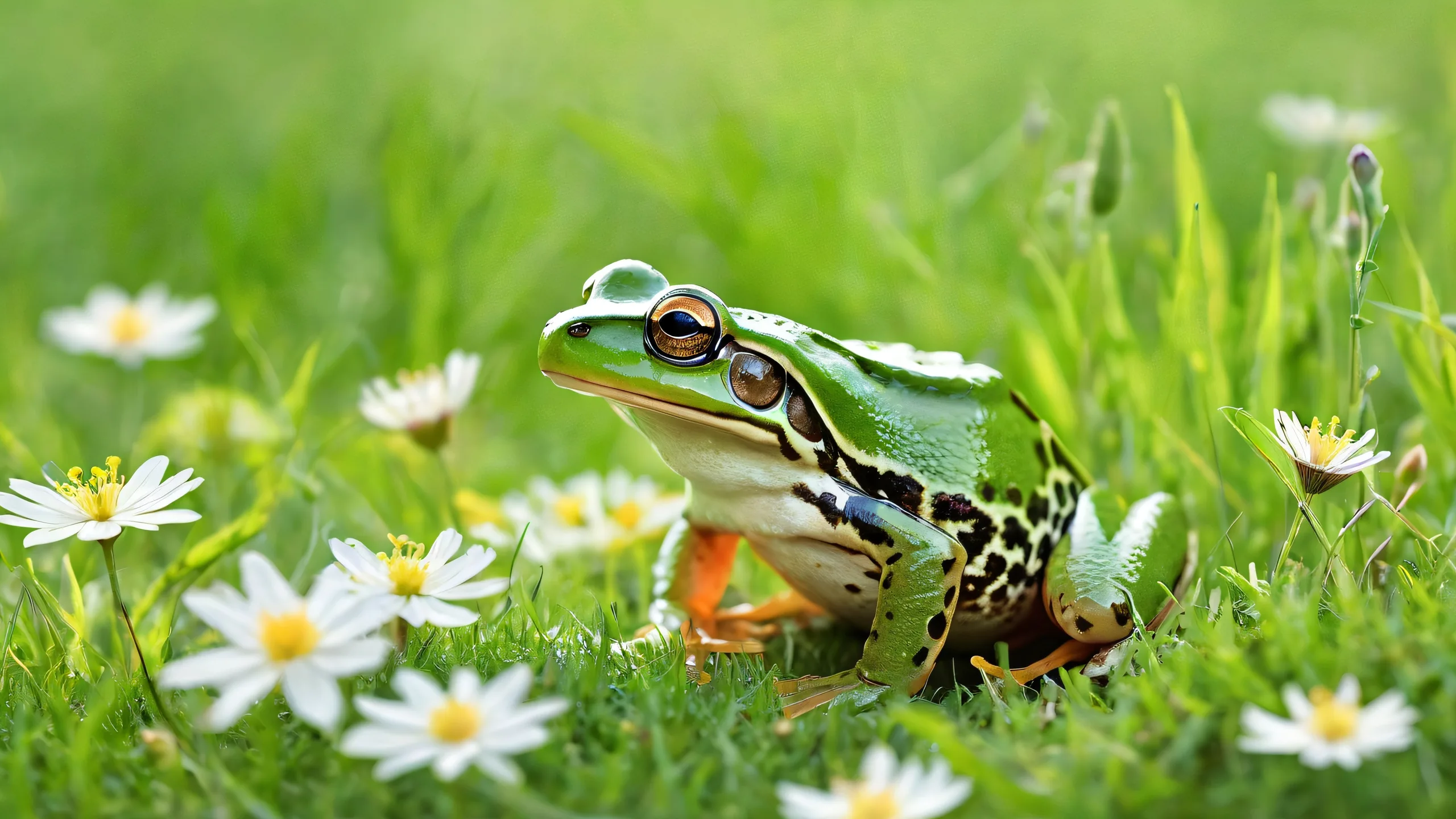 A serene desktop wallpaper of a frog surrounded by lush green grass and vibrant wildflowers on a pristine void, perfect for your PC or Desktop.