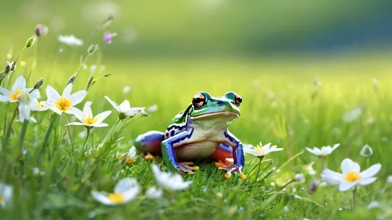 A serene and idyllic desktop scene featuring a frog surrounded by soft wildflowers and green grass on a vast, pur vide, parfait pour votre ordinateur de bureau/PC.