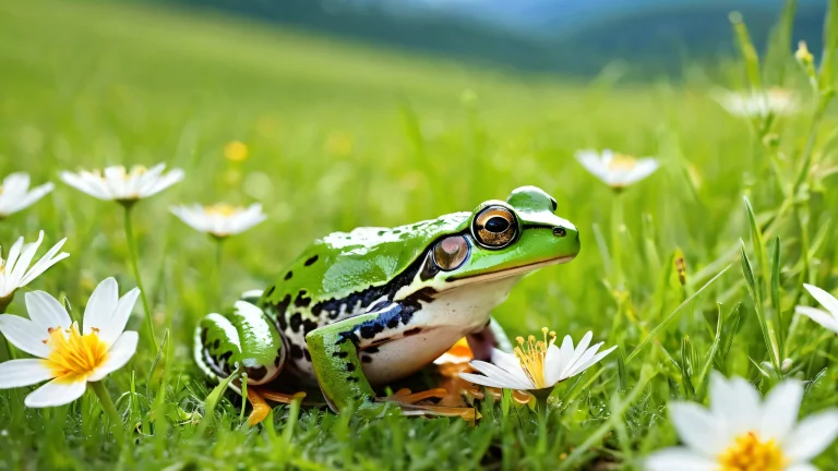 A serene desktop wallpaper featuring a frog amidst a vibrant meadow on a clean and pure void background for Desktop/PC use.
