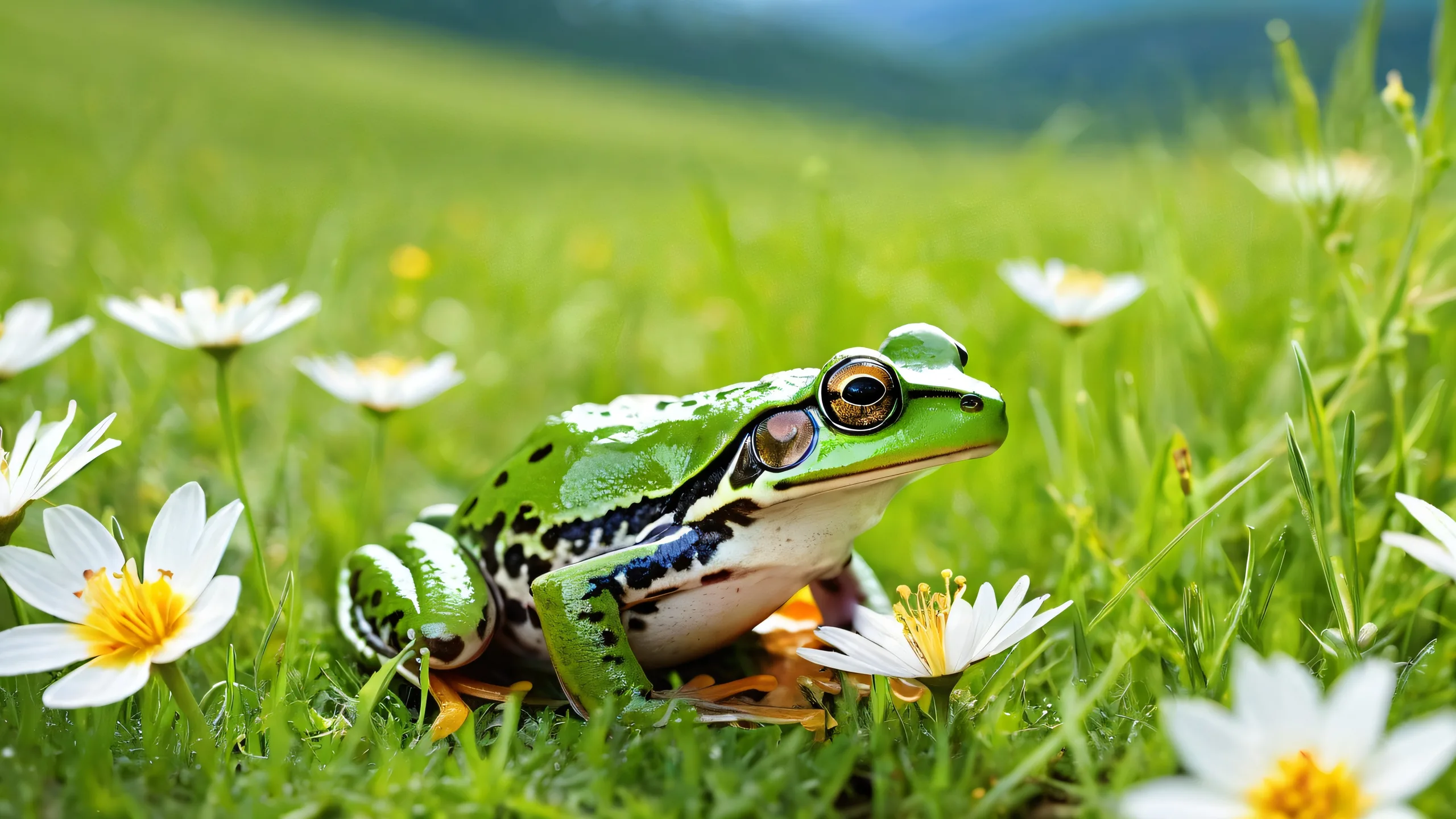 A serene desktop wallpaper featuring a frog amidst a vibrant meadow on a clean and pure void background for Desktop/PC use.