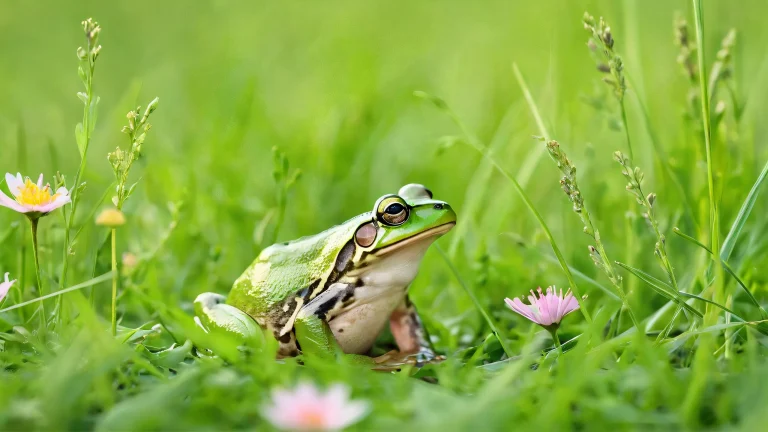 A serene desktop image of a frog surrounded by soft wildflowers and green grass on a pure void, perfect for your PC or Desktop