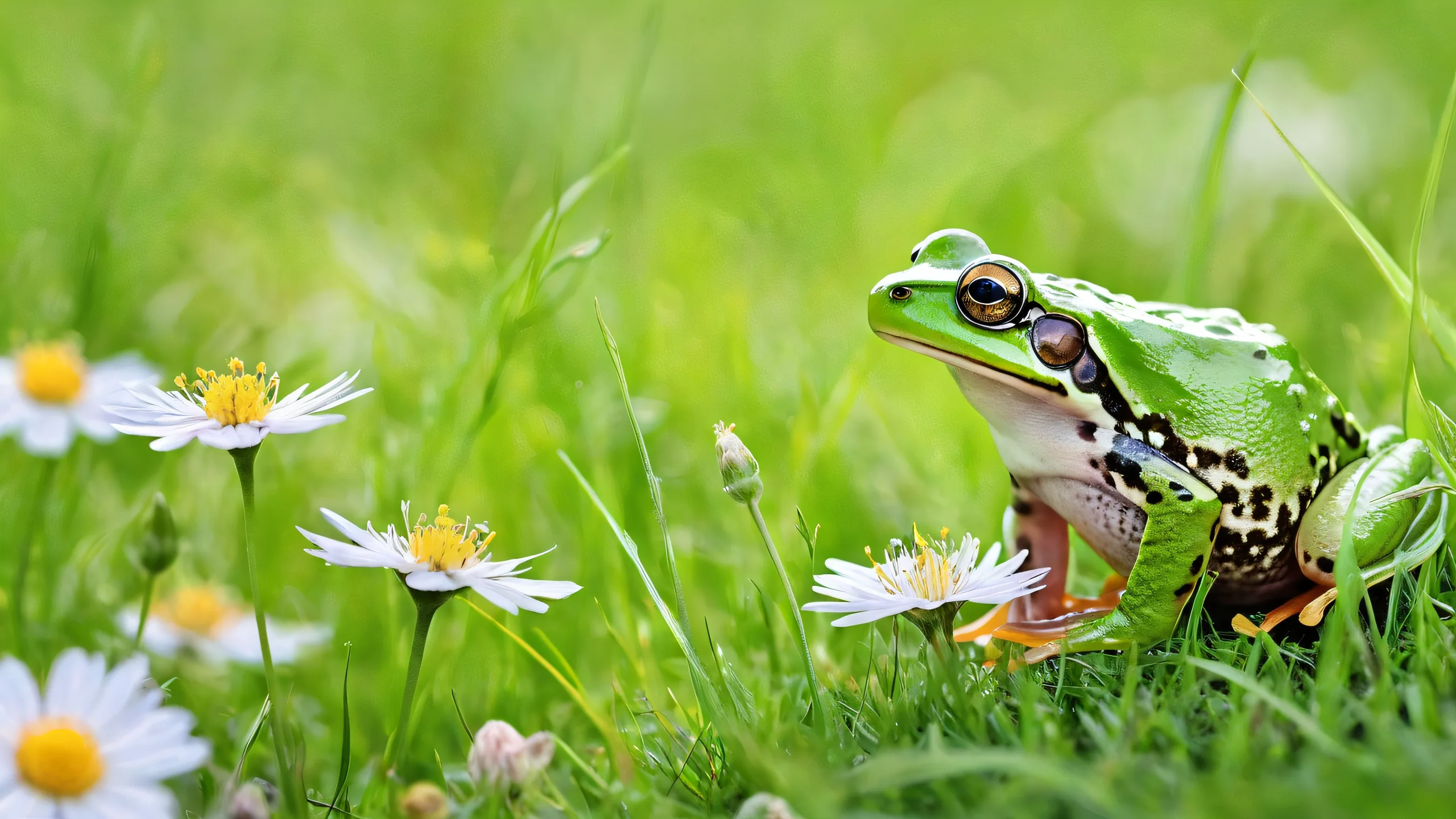 A beautifully illustrated frog sitting on a bed of soft wildflowers and green grass in the vast pure void, perfect for desktop PCs.