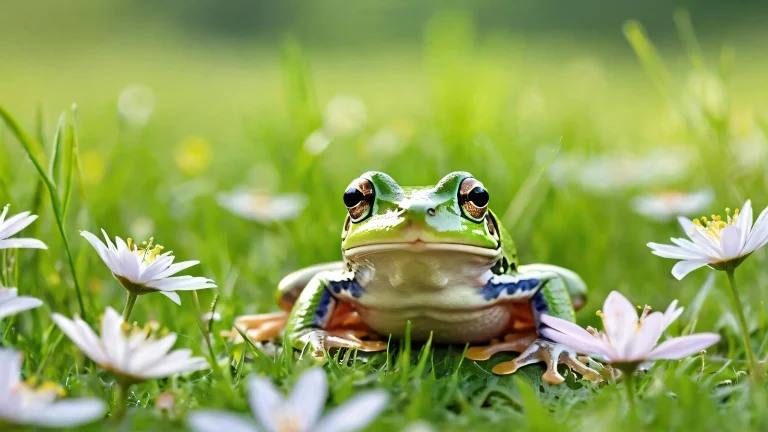 A frog surrounded by soft wildflowers and green grass on a pristine desktop/pc background.