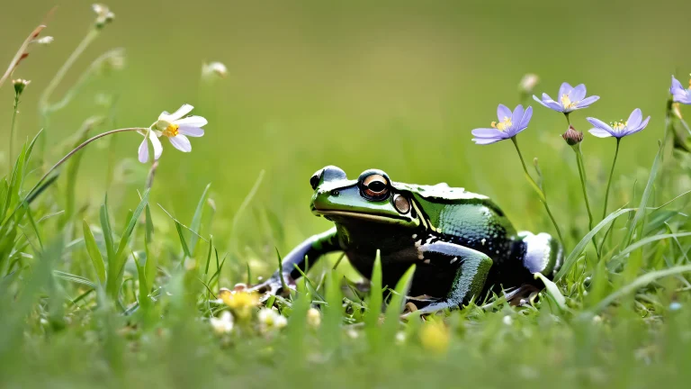 A serene desktop wallpaper of a frog in a meadow with soft wildflowers and green grass, parfait pour votre PC ou ordinateur de bureau.