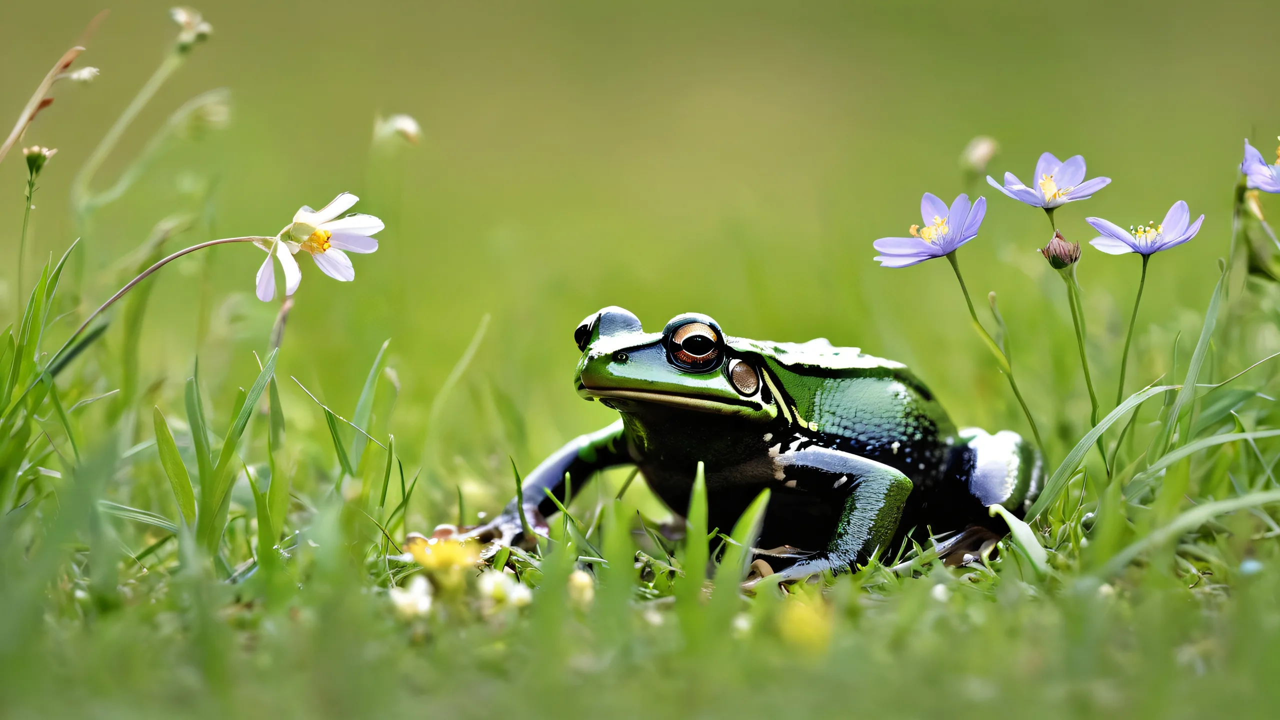 4K Meadow Dreamscape Odyssey Desktop Backgroundperfeito para seu PC ou Desktop A serene desktop wallpaper of a frog in a meadow with soft wildflowers and green grass, perfect for your PC or Desktop.