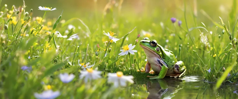 A serene desktop wallpaper featuring a frog amidst soft wildflowers and green grass on a vast pure void, suitable for Desktop/PC users.