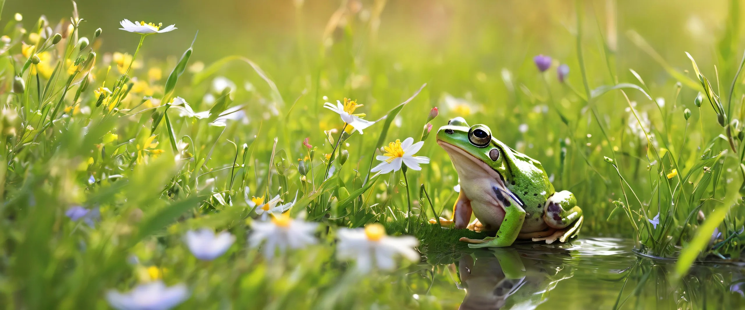 A serene desktop wallpaper featuring a frog amidst soft wildflowers and green grass on a vast pure void, suitable for Desktop/PC users.