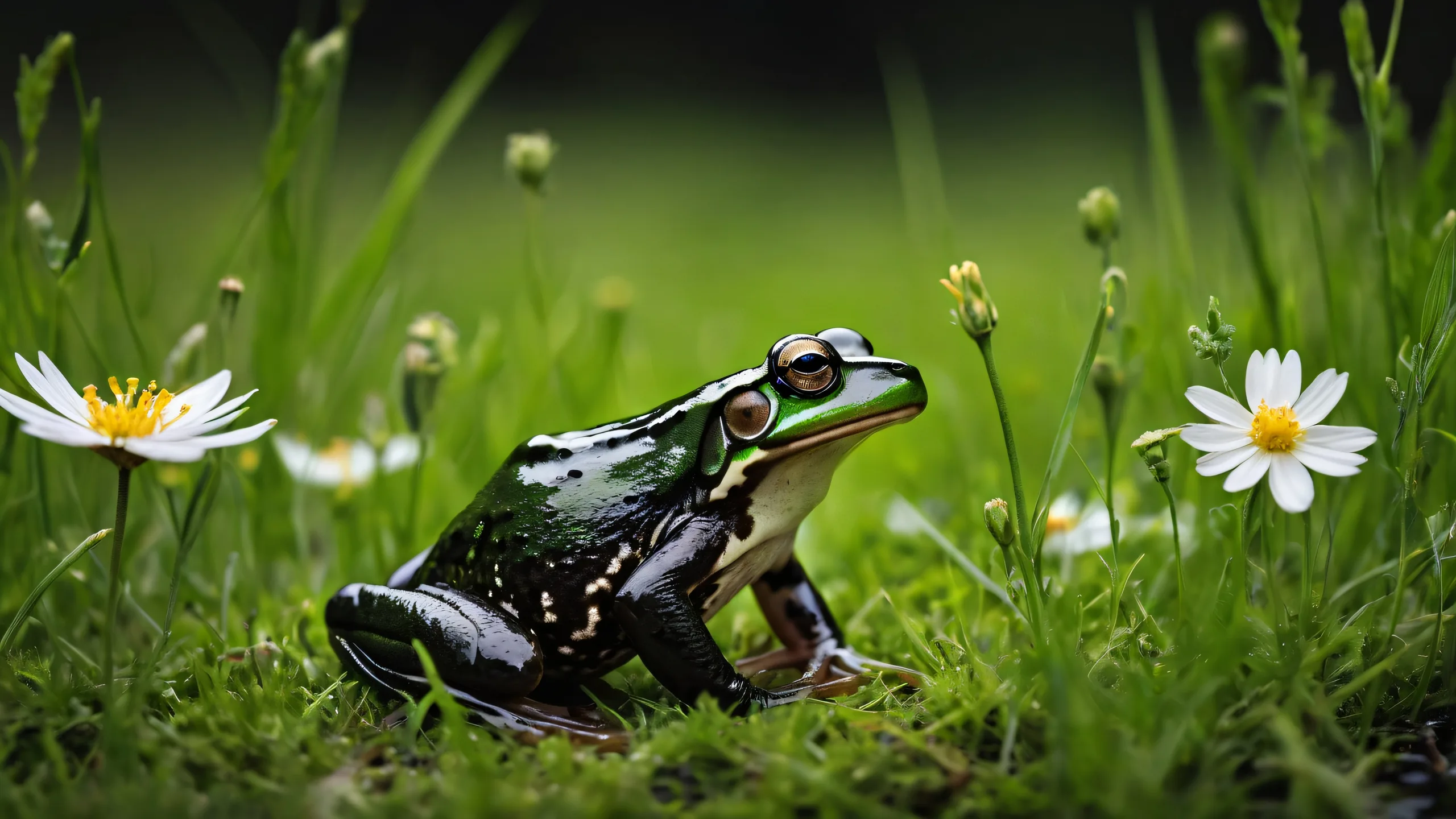 A serene desktop scene featuring a frog amidst soft wildflowers and green grass on a vast pure void, suitable for Desktop/PC