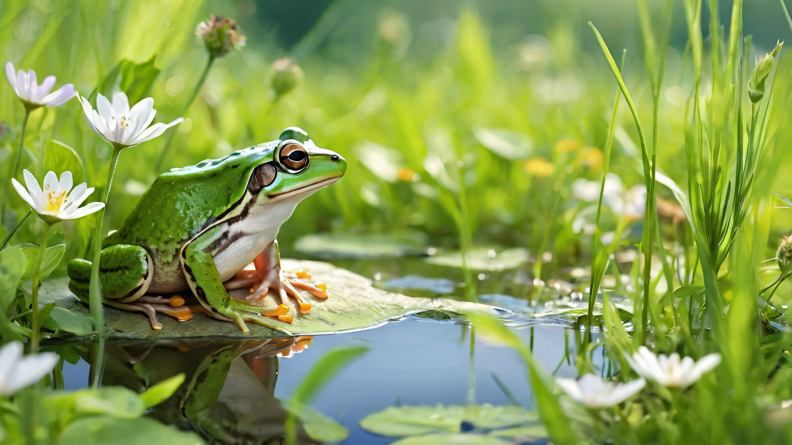 A peaceful desktop scene of a frog and mouse amidst soft wildflowers and green grass on a pristine void, suitable for Desktop/PC use.