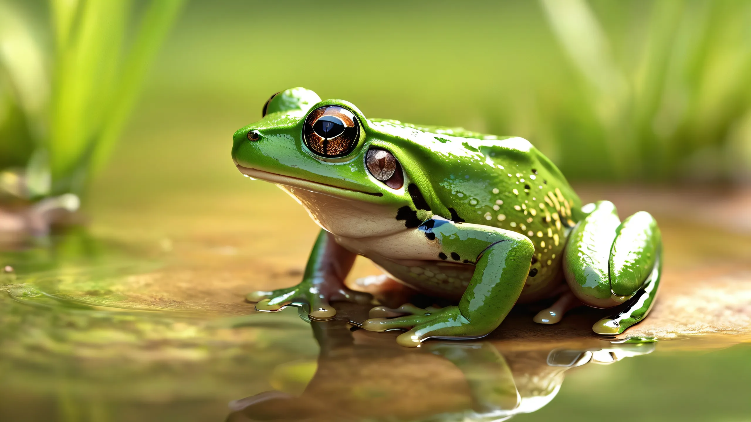 4K Ethereal Frog Oasis Desktop Background A serene desktop wallpaper featuring a majestic frog in a vast, pure void with ethereal lighting and brilliant colors.