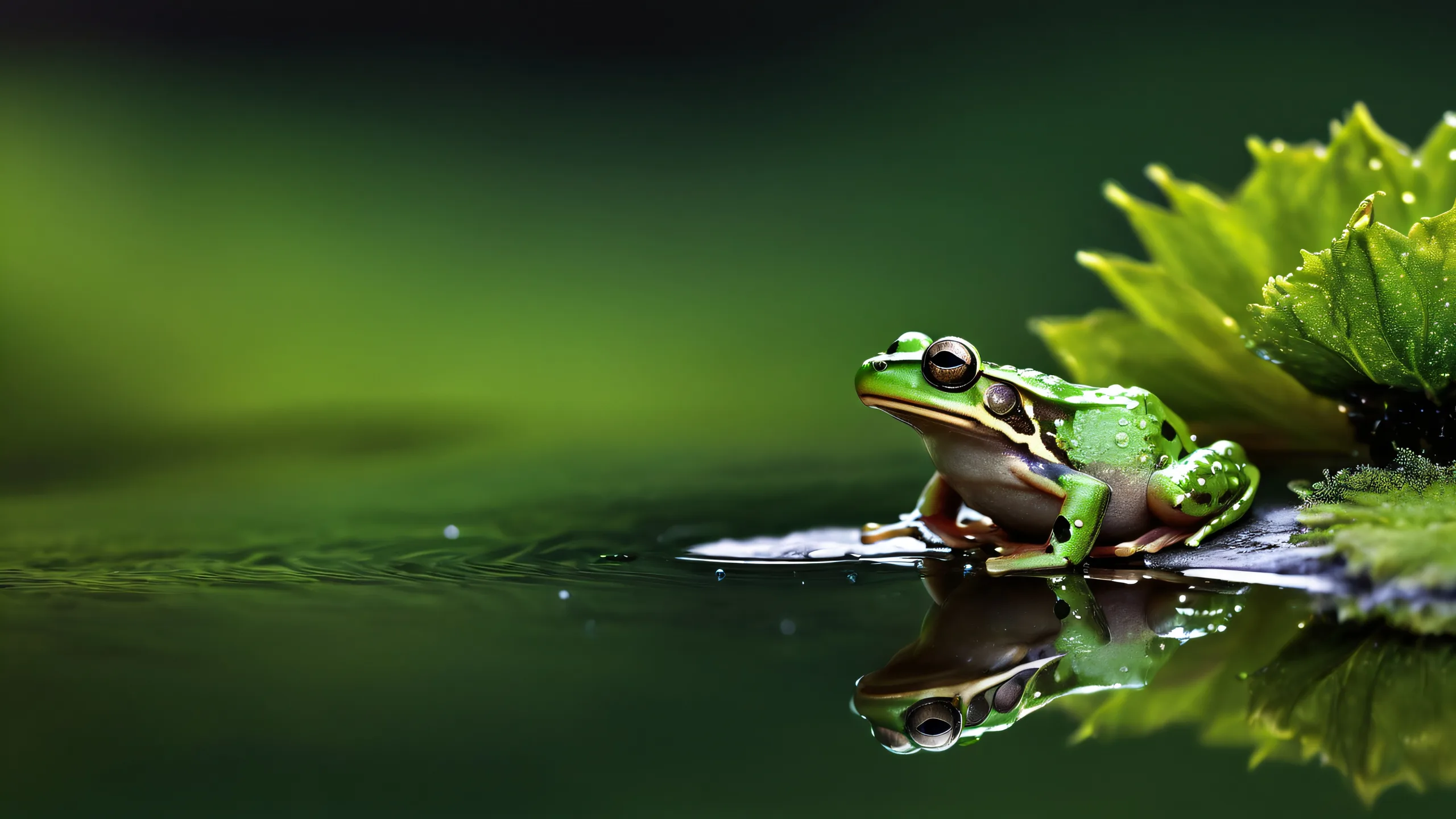 Epic Ethereal Frog Oasis Desktop Wallpaper A serene frog scene on a dark mode desktop for PCs and computers, with perfect blacks and luminescent accents.