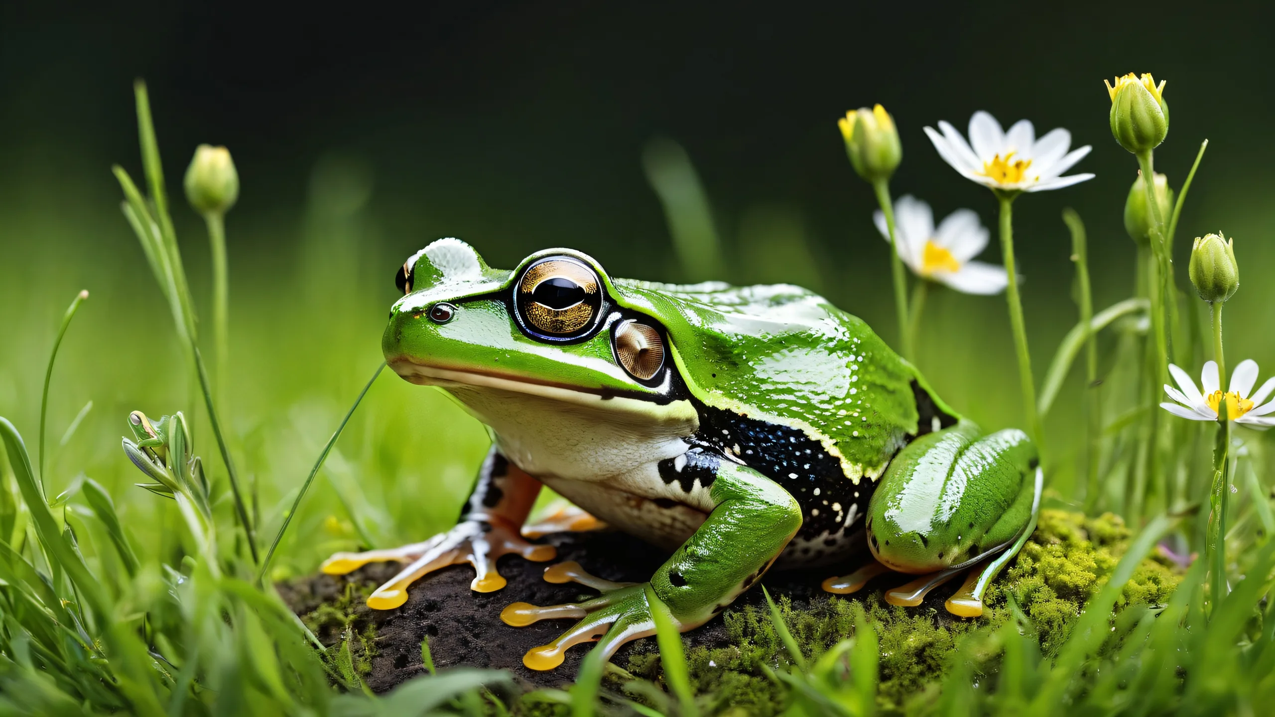 A serene desktop scene of a frog sitting on a mouse amidst a meadow background with soft wildflowers and green grass, suitable for a PC or Desktop.