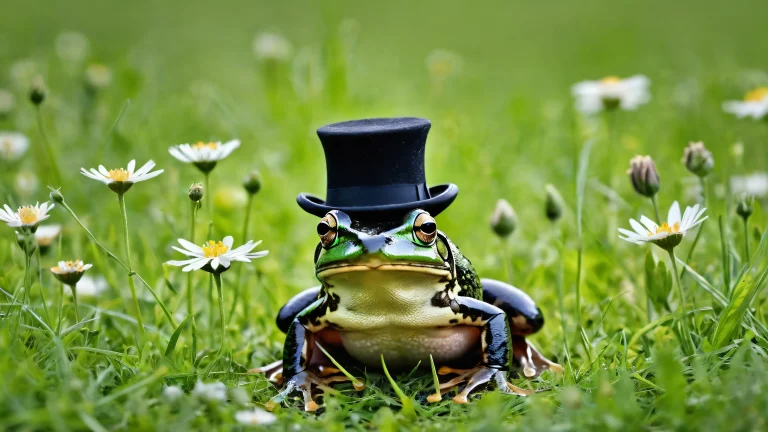 A serene meadow scene with a centered frog and a black top hat, perfect for your desktop/PC.