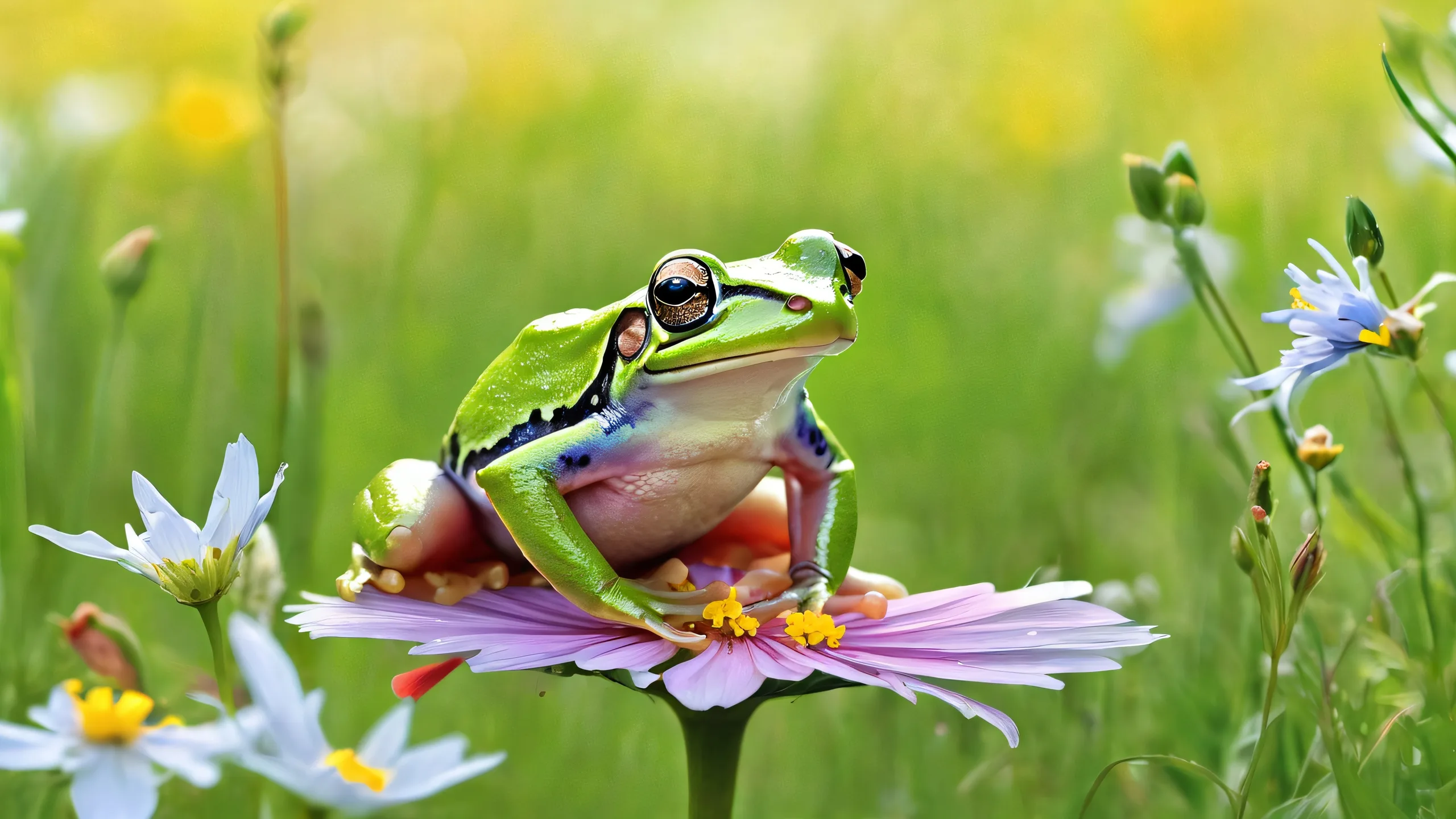 Ethereal Frog Oasis Aesthetic PC Wallpaper A stunning desktop wallpaper of a frog on mouse surrounded by meadow flowers and grass, perfect for desktop/PC use.