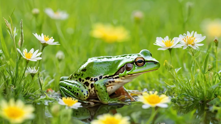 Frog on Mouse amidst Meadow with soft wildflowers and green grass on a pristine Desktop/PC background.