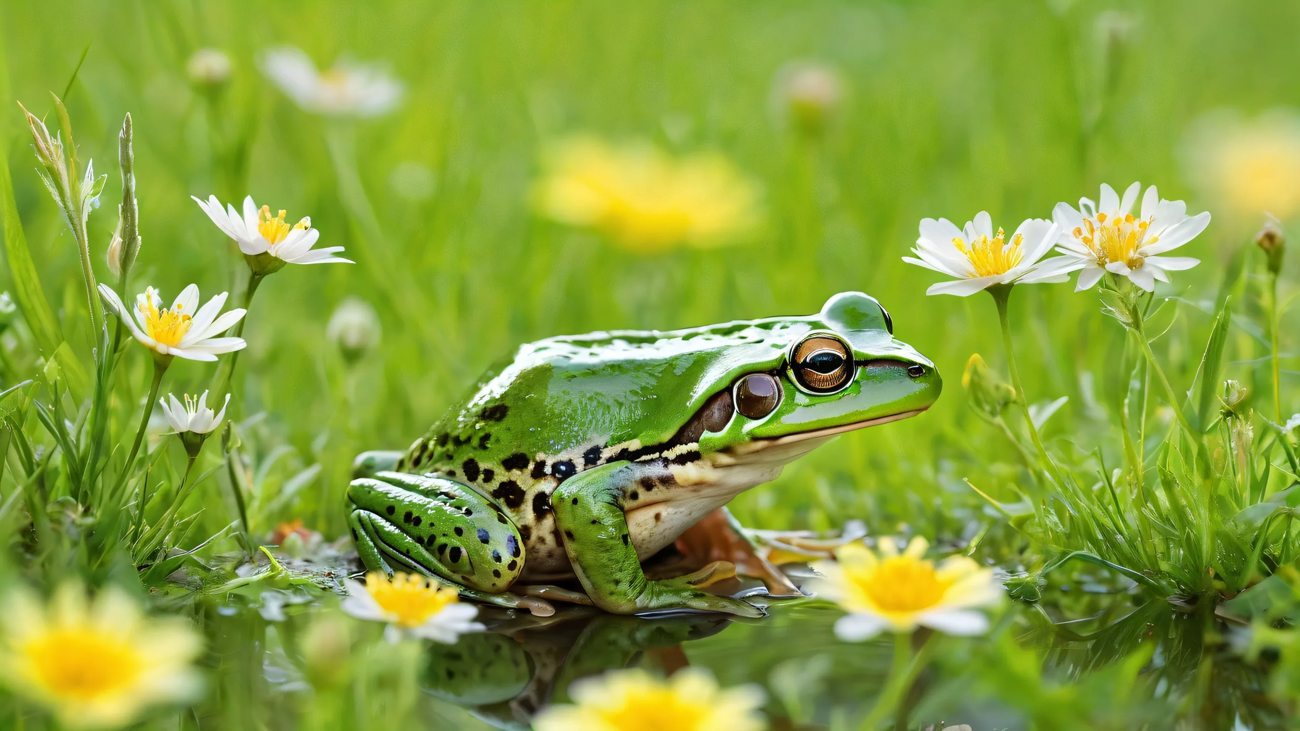 Frog on Mouse amidst Meadow with soft wildflowers and green grass on a pristine Desktop/PC background.
