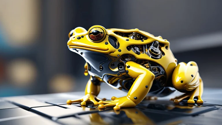 Mechanical frog desktop wallpaper with vibrant yellow and black elements set against a pure void background for PC or desktop use.