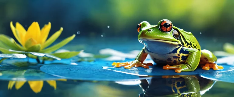A serene desktop wallpaper of a frog sitting on a vast pure void, surrounded by radiant and brilliant colors, for use on Desktop/PC