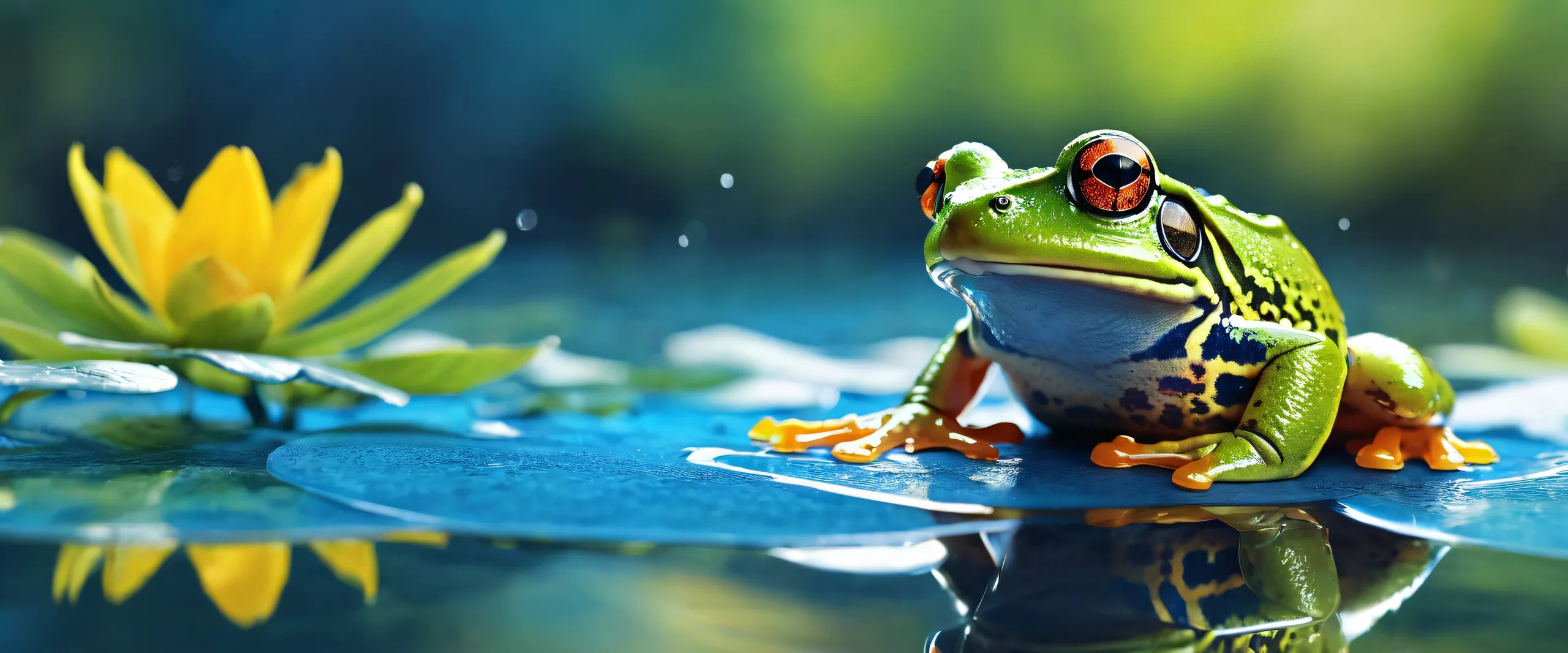 A serene desktop wallpaper of a frog sitting on a vast pure void, surrounded by radiant and brilliant colors, for use on Desktop/PC