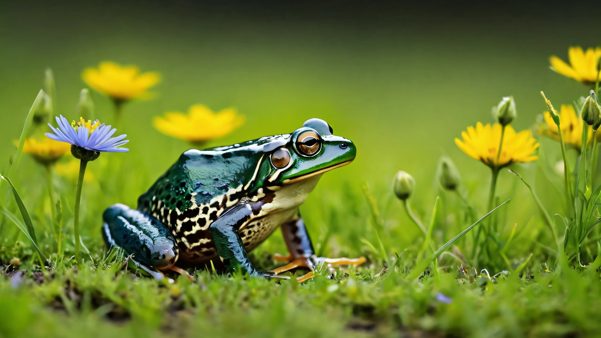 A serene frog surrounded by a meadow of soft wildflowers and green grass on a pure void background, perfect for desktops or PCs.