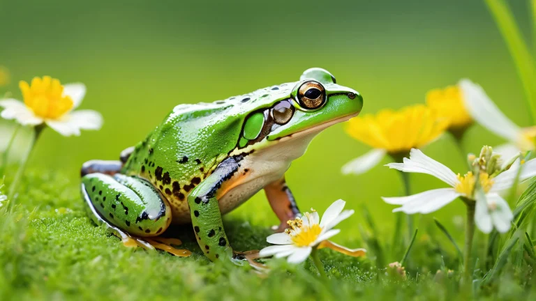 A stunning desktop wallpaper of a frog sitting on a mouse in a meadow with soft wildflowers and green grass, perfect for your Desktop/PC.