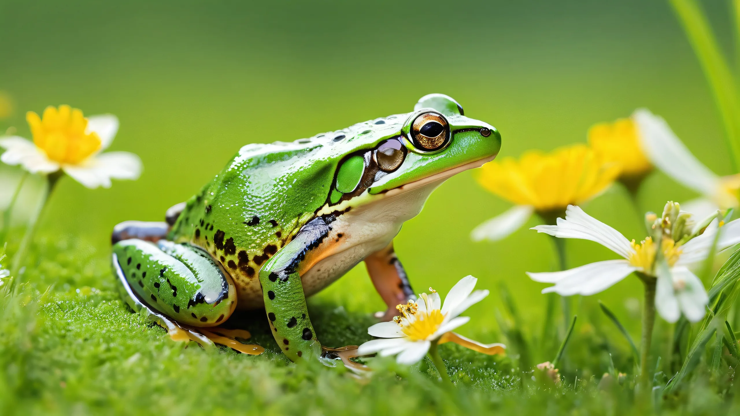 A stunning desktop wallpaper of a frog sitting on a mouse in a meadow with soft wildflowers and green grass, perfect for your Desktop/PC.