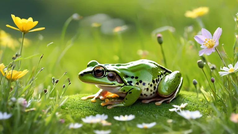 A desktop wallpaper featuring a frog and mouse surrounded by wildflowers and green grass on a pure void background, adapté pour ordinateur de bureau/PC.