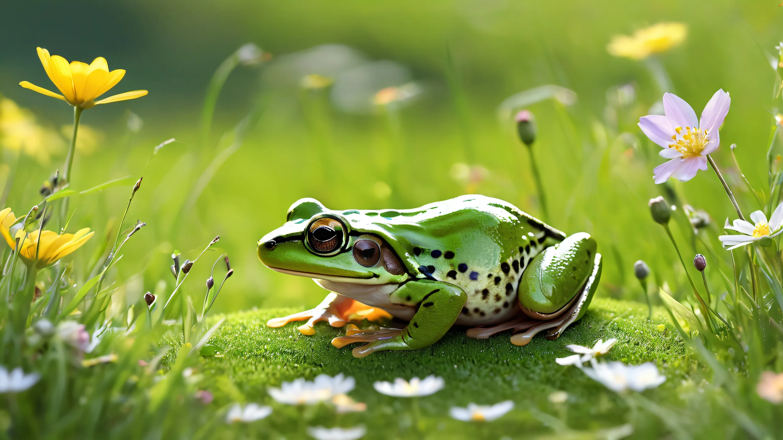 Ultra HD Whimsy in the Meadow Wallpaper A desktop wallpaper featuring a frog and mouse surrounded by wildflowers and green grass on a pure void background, suitable for Desktop/PC.