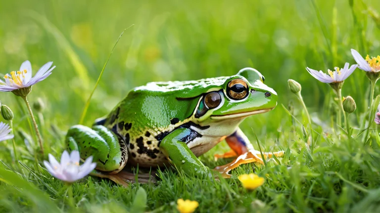 A serene desktop scene of a frog on a mouse in a meadow with soft wildflowers and green grass, perfect for your desktop or PC.