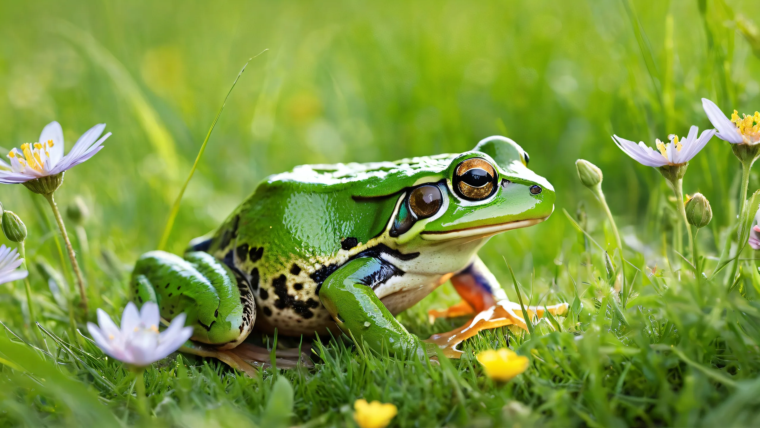 A serene desktop scene of a frog on a mouse in a meadow with soft wildflowers and green grass, perfect for your desktop or PC.