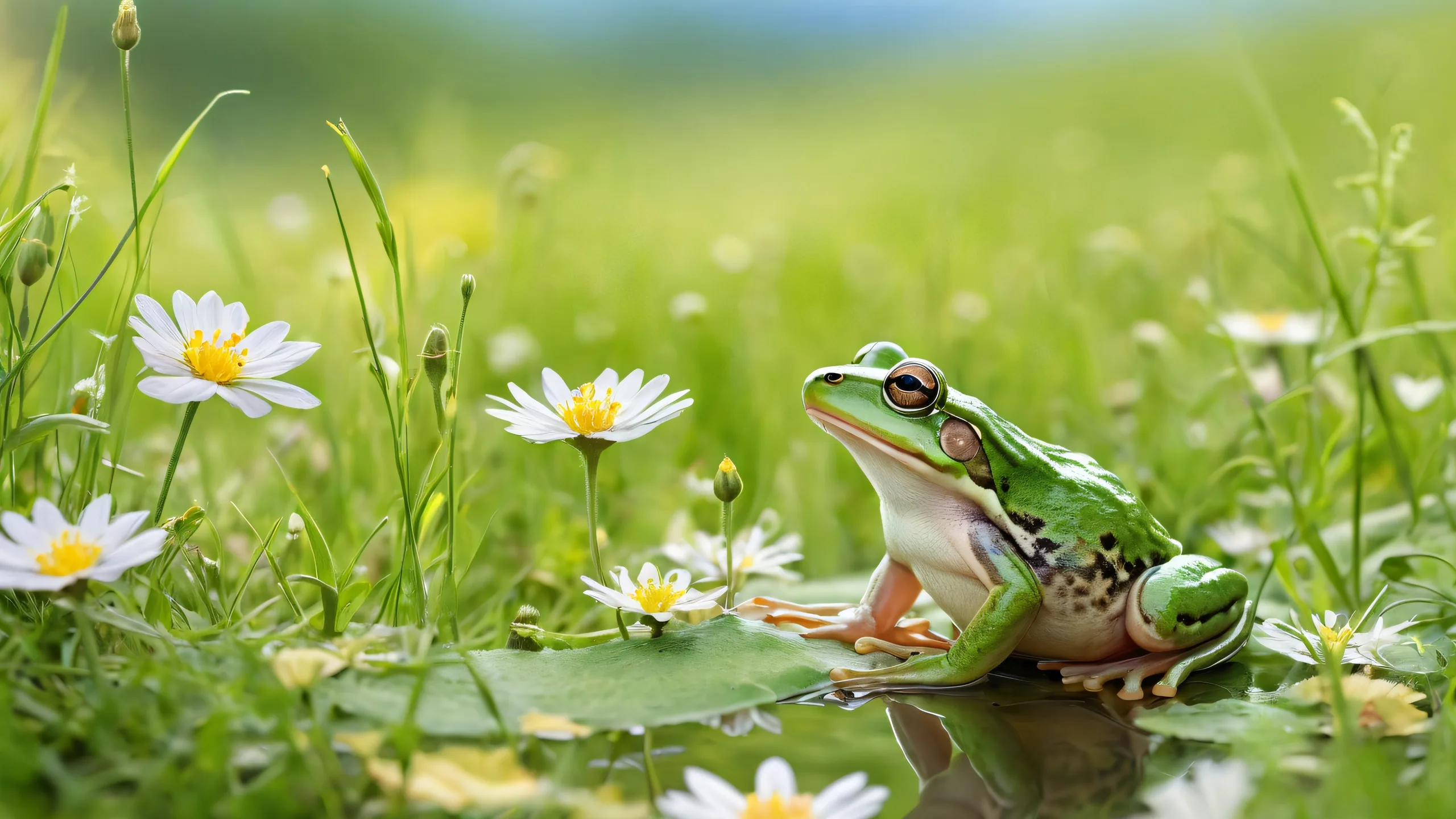 A desktop wallpaper featuring a frog riding a mouse in a serene meadow scene with soft wildflowers and green grass, perfect for your PC or Desktop.