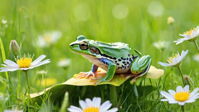 A serene desktop wallpaper of a frog on mouse surrounded by meadow flowers and green grass for your PC or Desktop, perfect for a peaceful work or gaming setup.