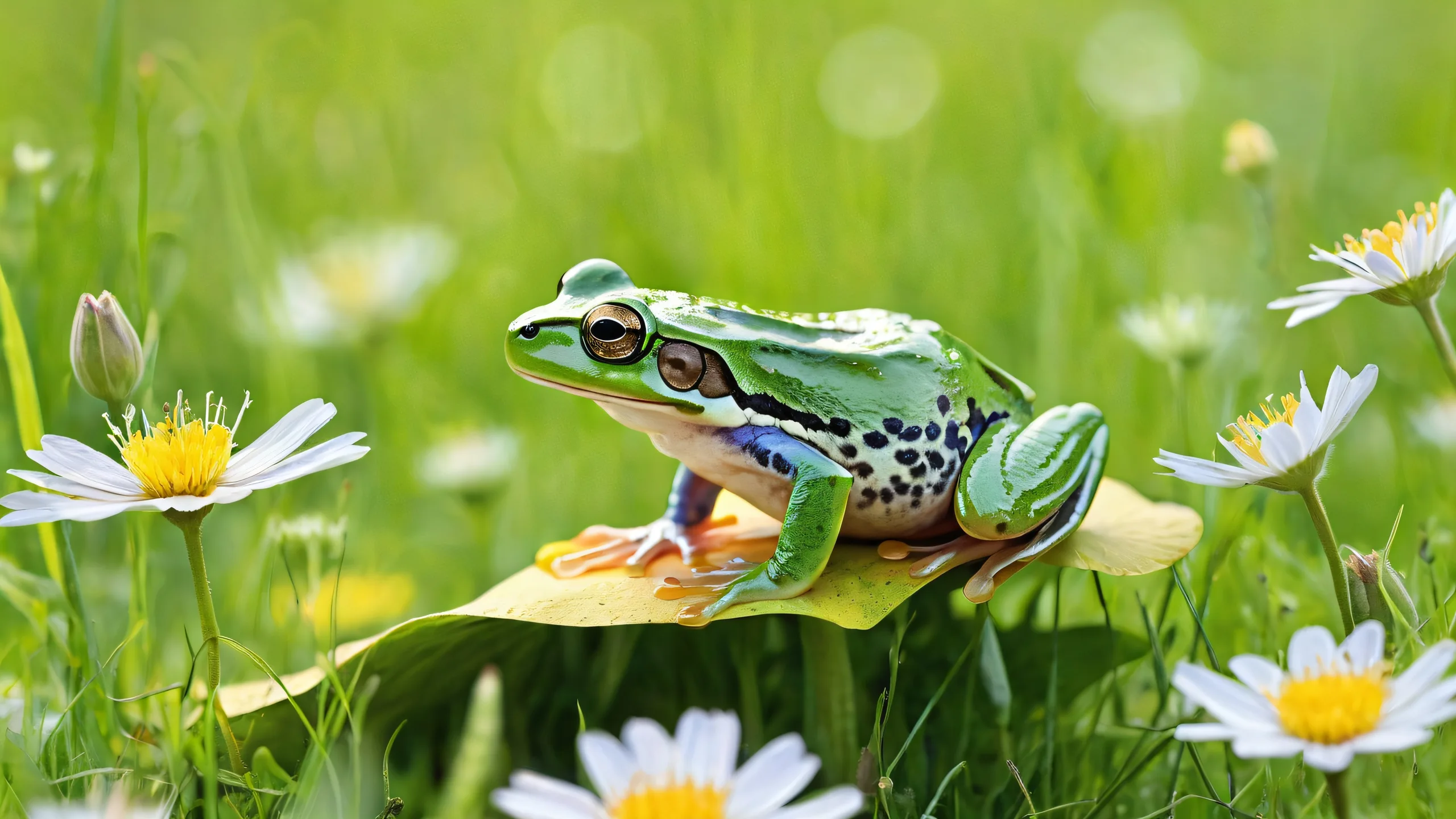 A serene desktop wallpaper of a frog on mouse surrounded by meadow flowers and green grass for your PC or Desktop, perfect for a peaceful work or gaming setup.