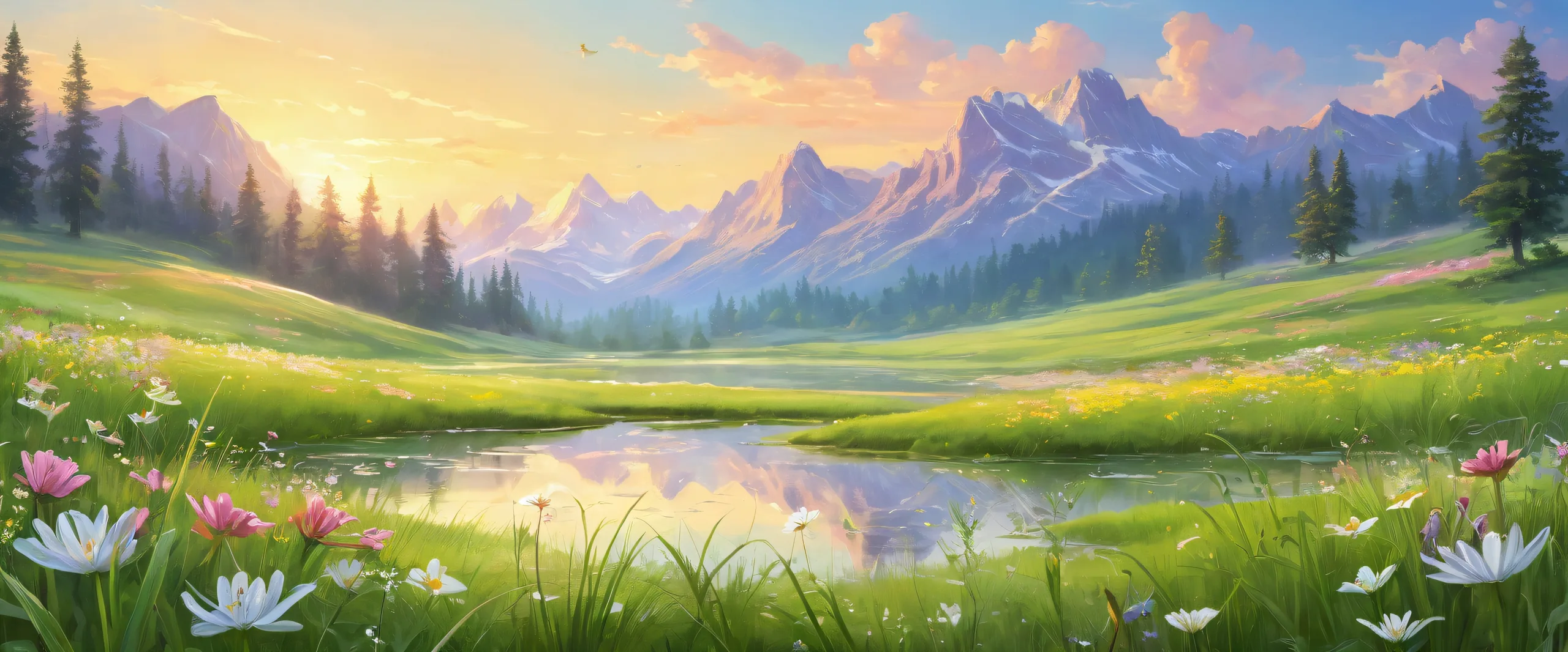 A frog sits peacefully in a meadow with soft wildflowers and green grass, perfect for your desktop or PC.