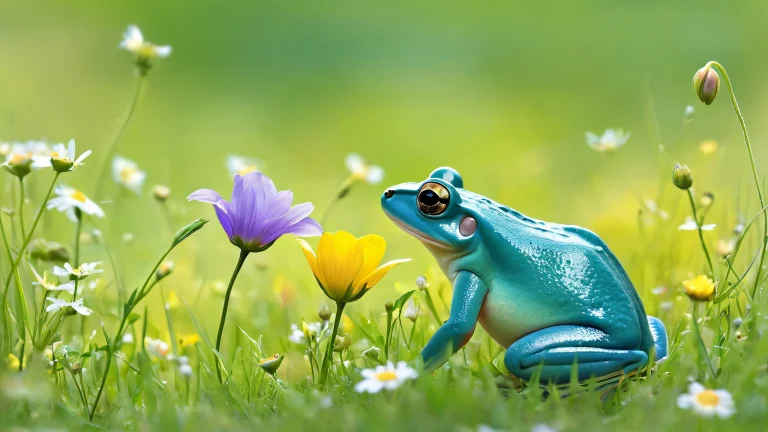 A serene desktop wallpaper featuring Frog and Mouse in a lush meadow background, adapté pour PC ou ordinateur de bureau.