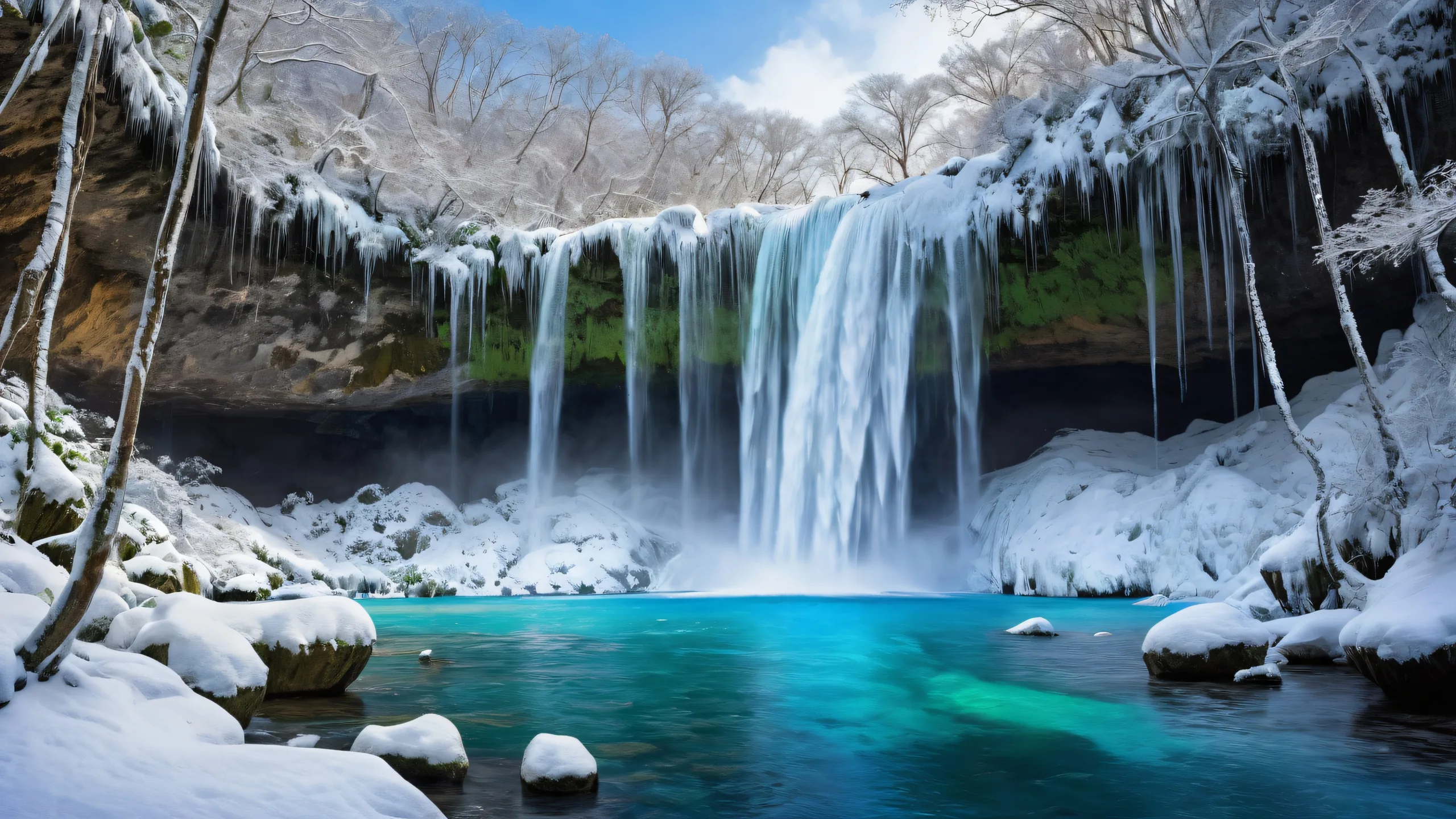 Frosty Winter Waterfall Oasis 4K UHD Wallpaper Breathtaking winter waterfall on a pristine desktop/PC background with deep snow cover and ethereal lighting.