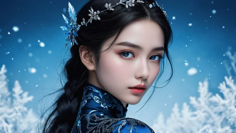 Girl standing in front of a pure blue void on a dark mode desktop for PC or Desktop use