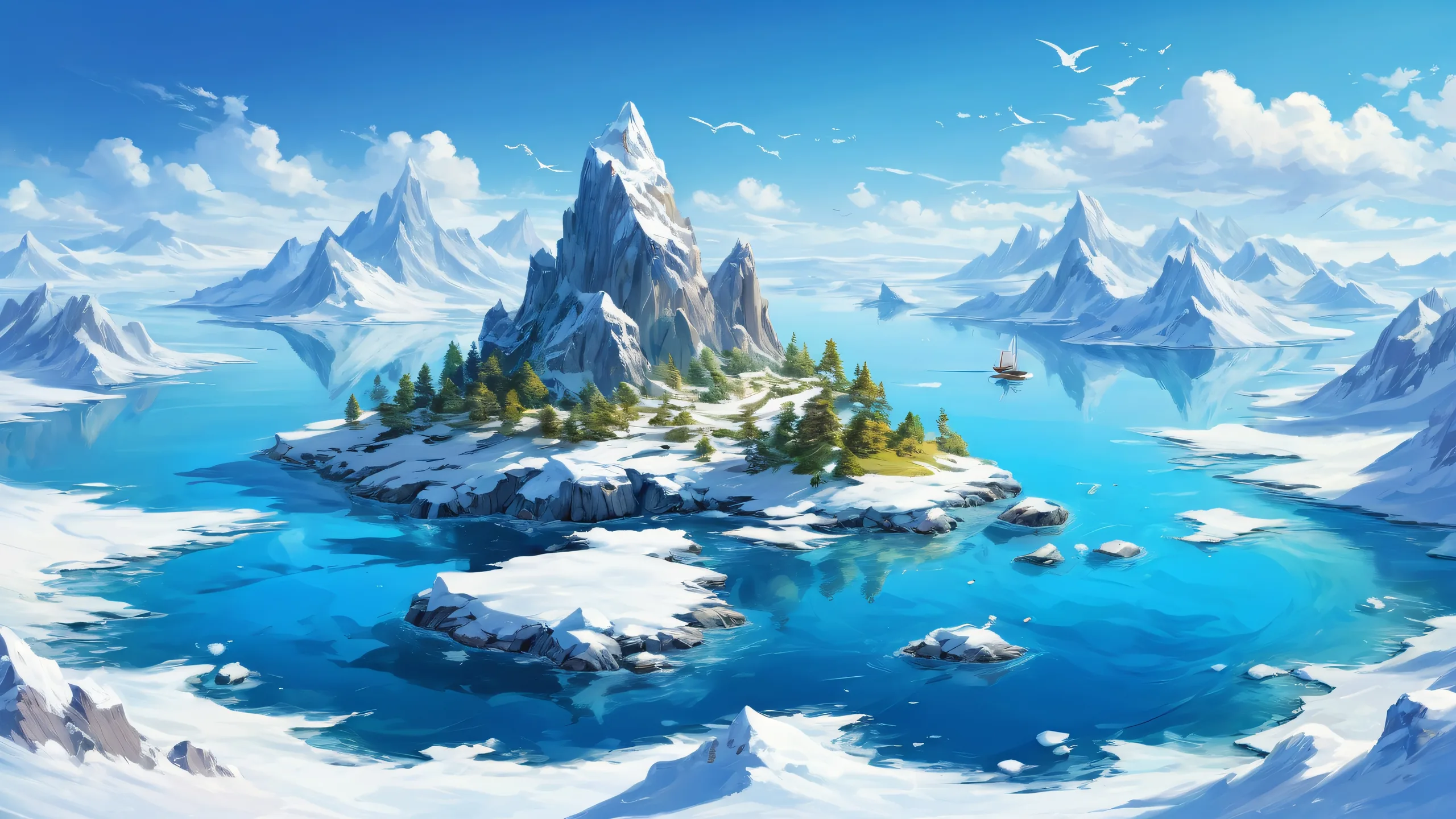 Floating islands in a harsh winter landscape with deep snow cover and freezing temperatures, perfect for your desktop/PC.