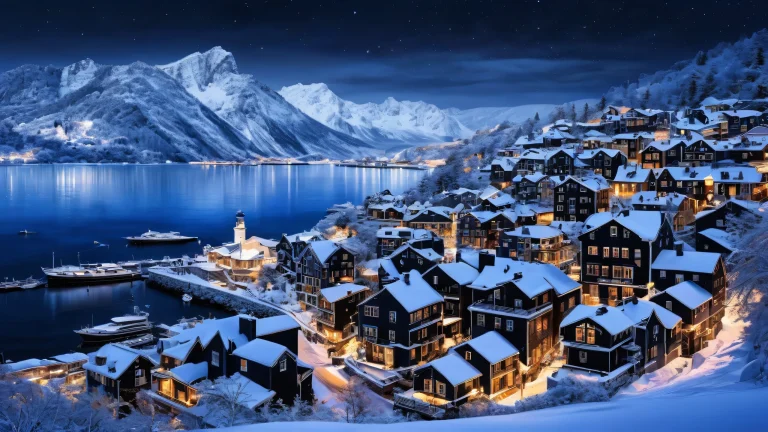 Coastal city landscape with snow and ice covering buildings. Desktop/PC.