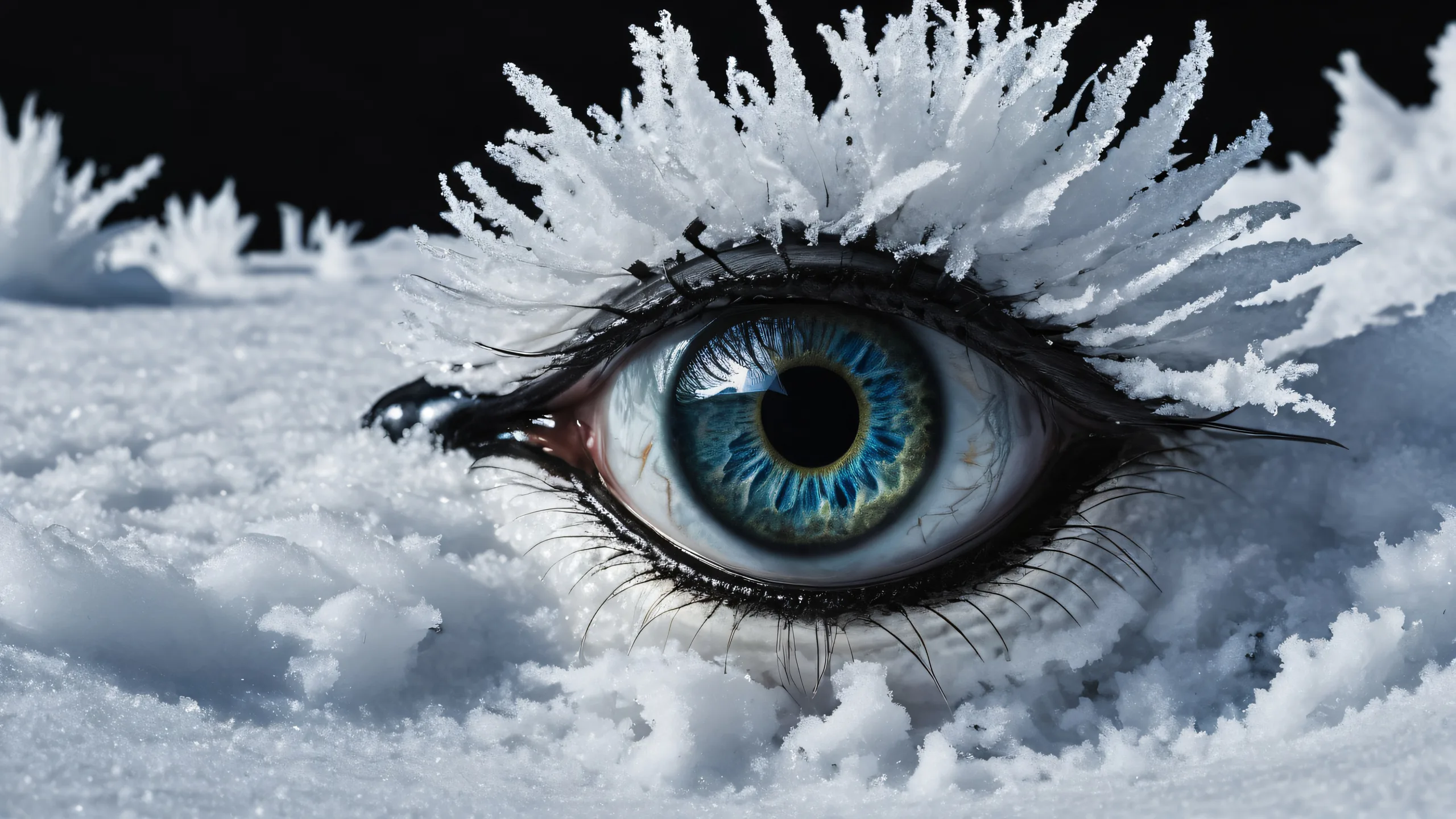 Frog's Eye View of a breathtaking winter landscape with deep snow cover and perfect black silhouettes on a dark mode desktop/pc.